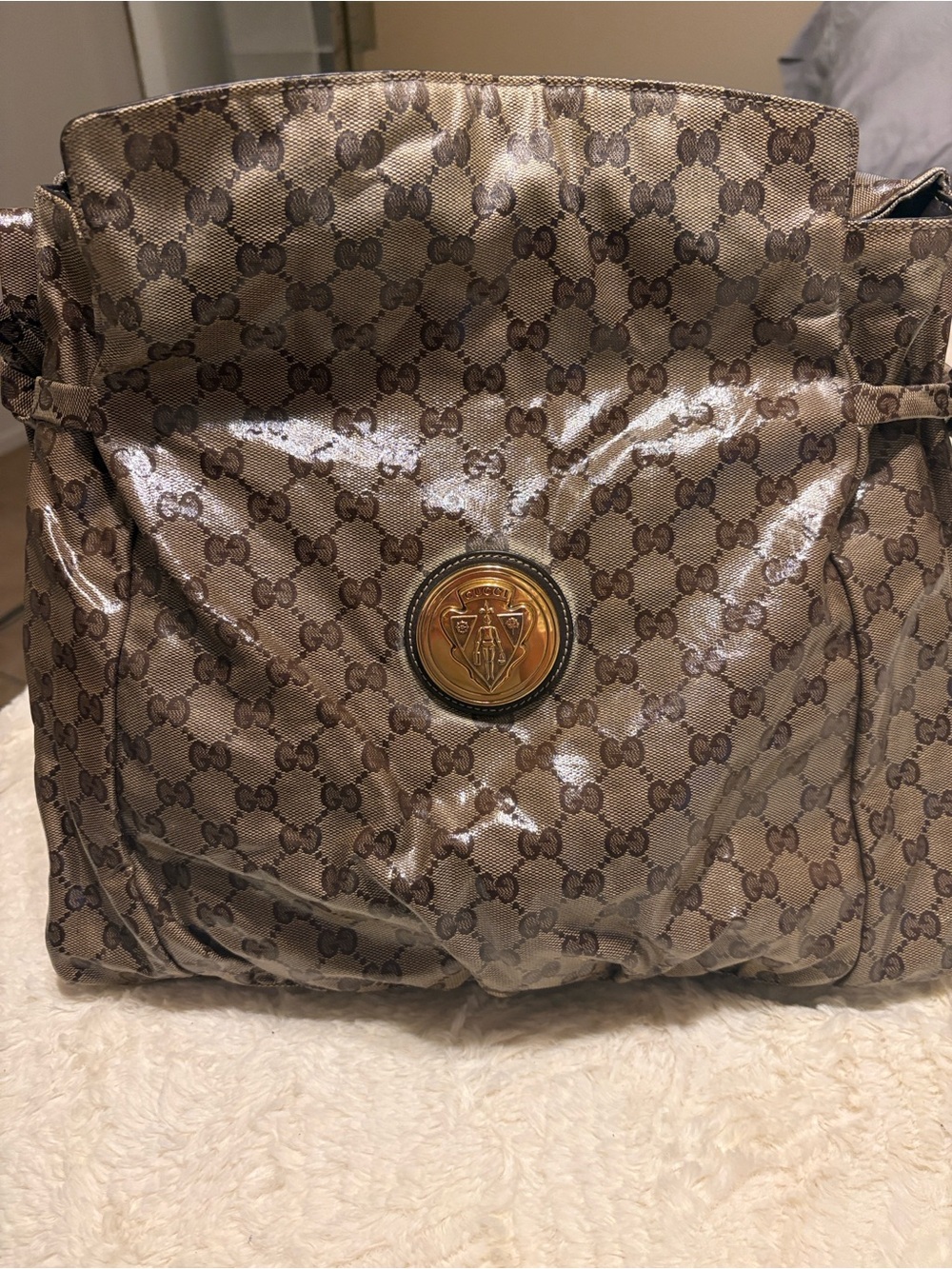 Monogram Canvas Messenger Bag in Beige-Brown with Gold Accent